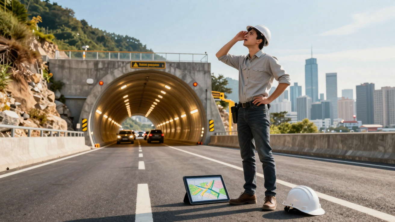 Engenheiro com capacete a analisar túnel rodoviário, com tablet e cidade ao fundo em dia ensolarado.