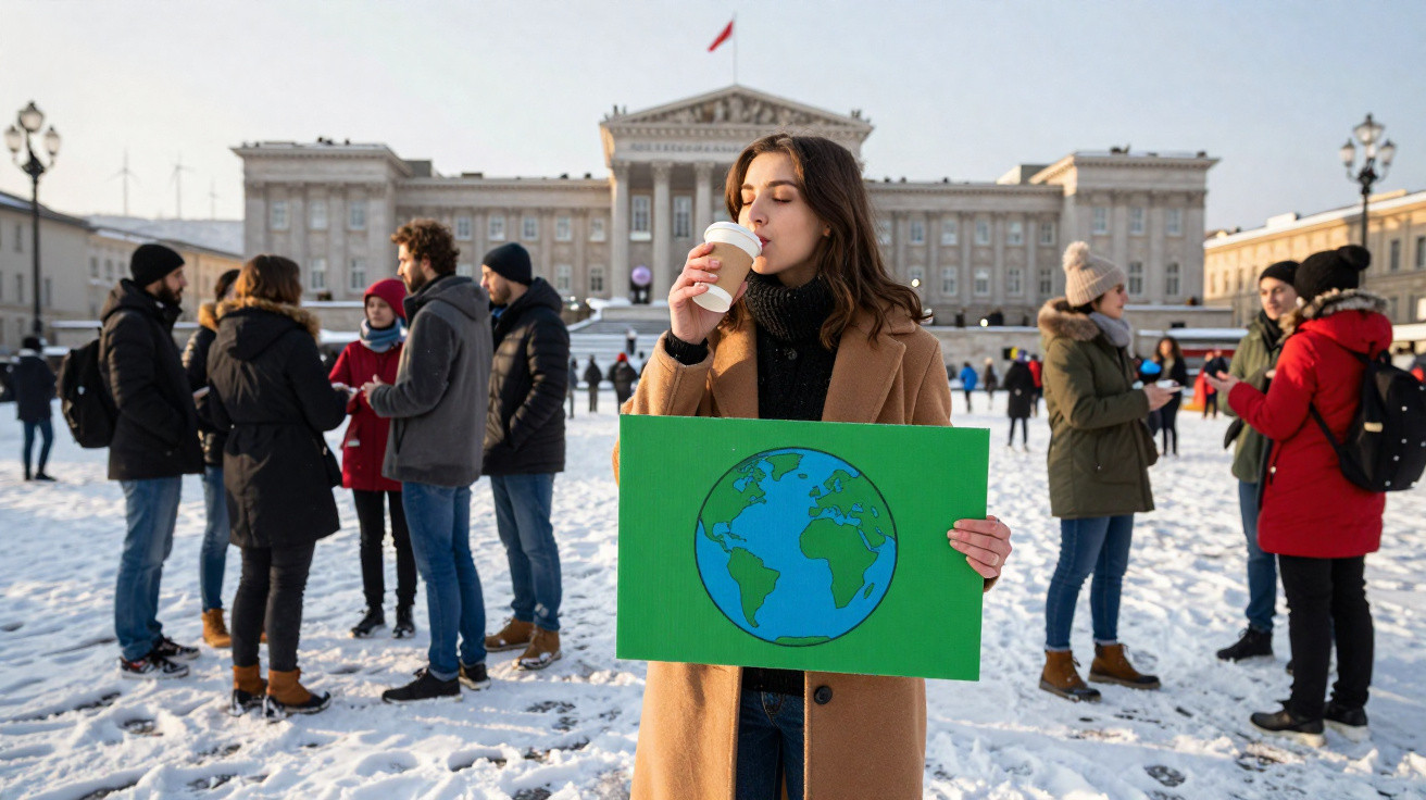 Mulher com cartaz do planeta Terra bebe de copo numa manifestação ambiental em dia de neve.