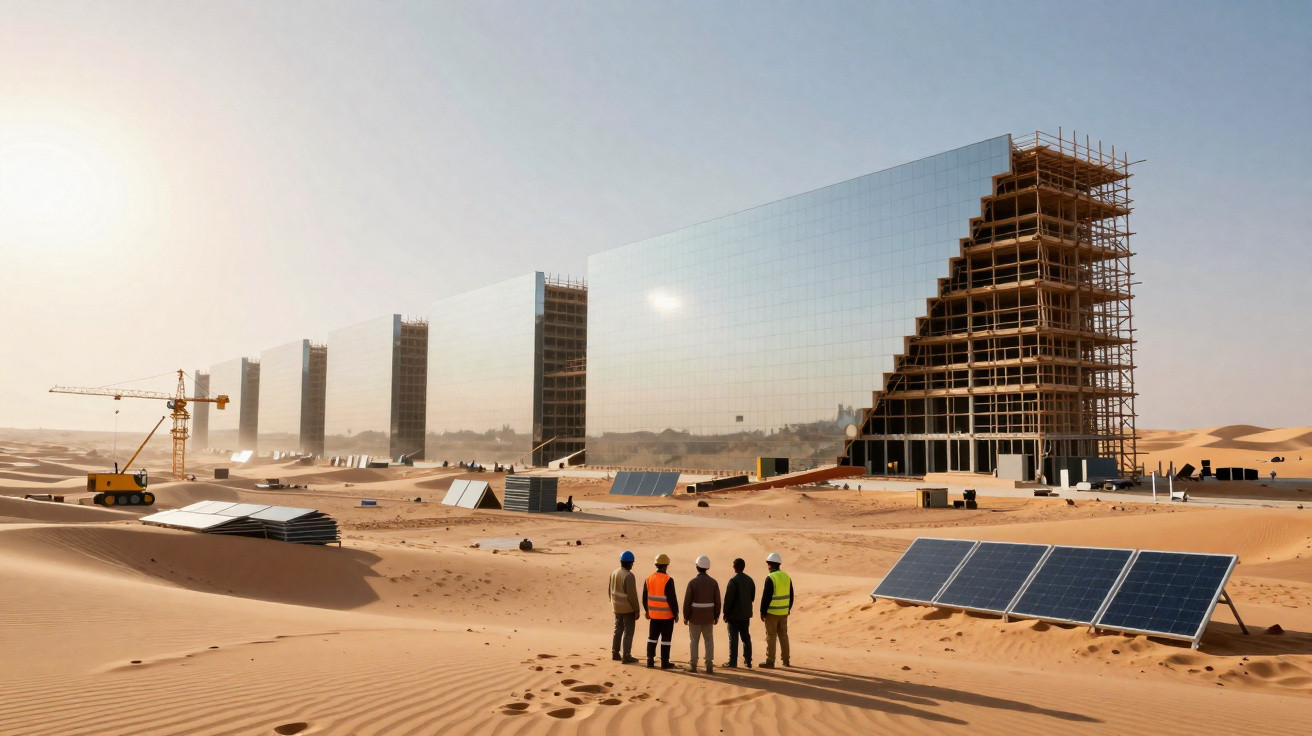 Equipa de cinco pessoas em capacetes observa construção de edifícios espelhados e painéis solares no deserto.