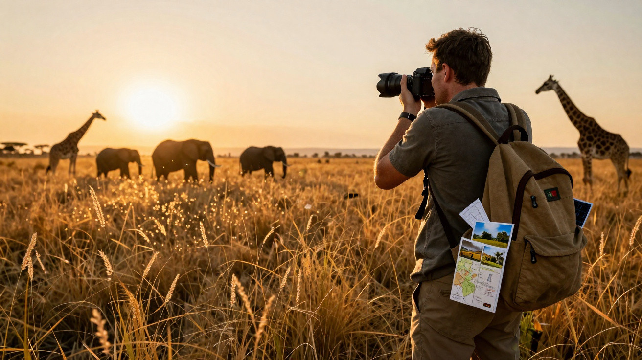 Homem com mochila a fotografar girafas e elefantes ao pôr do sol numa savana.