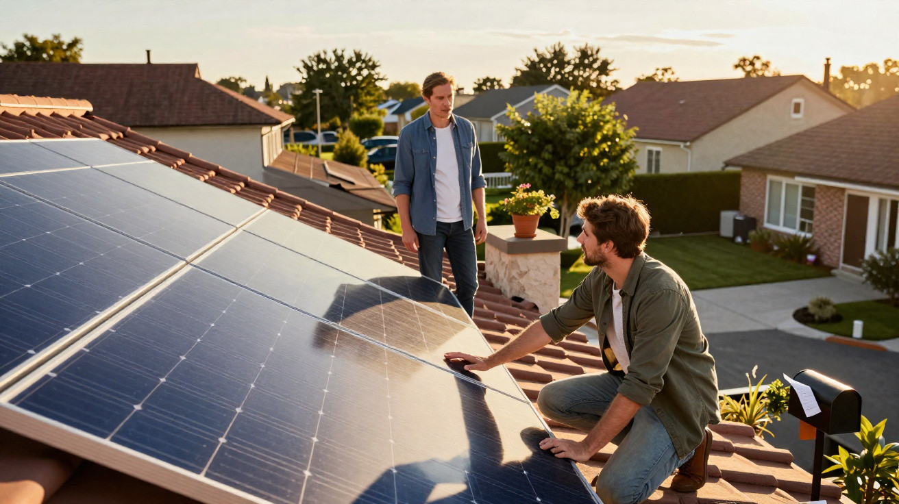Dois homens a inspecionar painéis solares instalados no telhado de uma casa residencial ao pôr do sol.