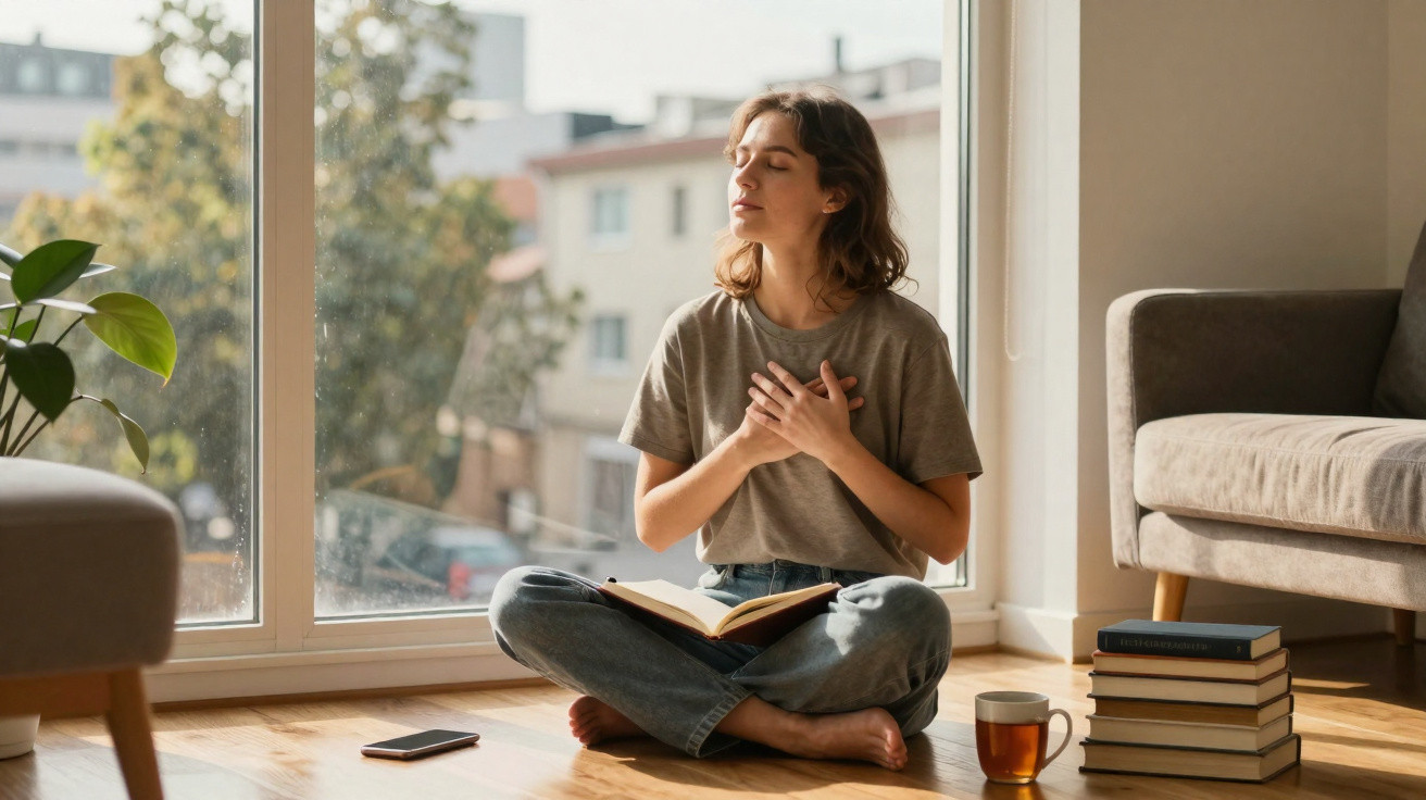 Mulher sentada no chão, olhos fechados, mãos no peito, a meditar junto a uma janela grande com livro aberto.