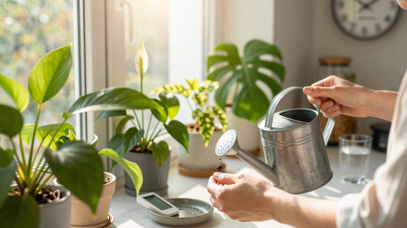 Pessoa a regar plantas verdes em vasos junto a uma janela com luz natural.