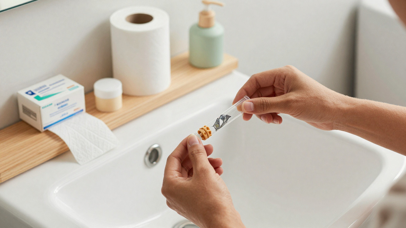 Mãos seguram tubo com adesivo para teste de Helicobacter pylori junto a lavatório com produtos médicos.