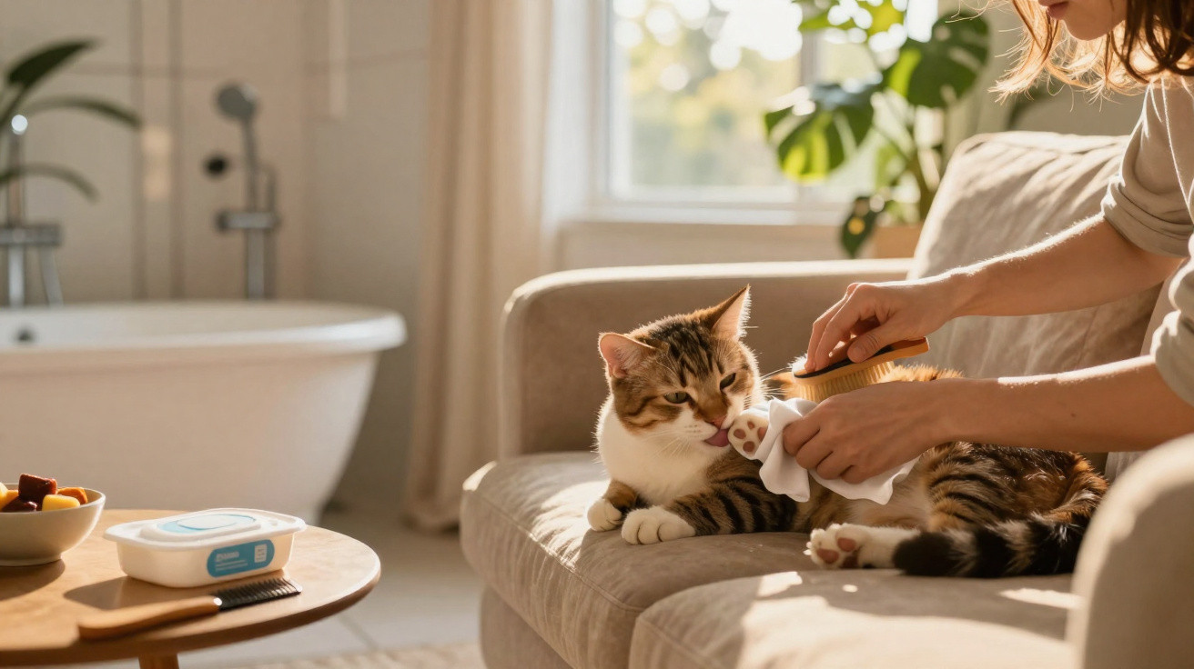 Pessoa a escovar e limpar um gato num sofá num ambiente luminoso e confortável.