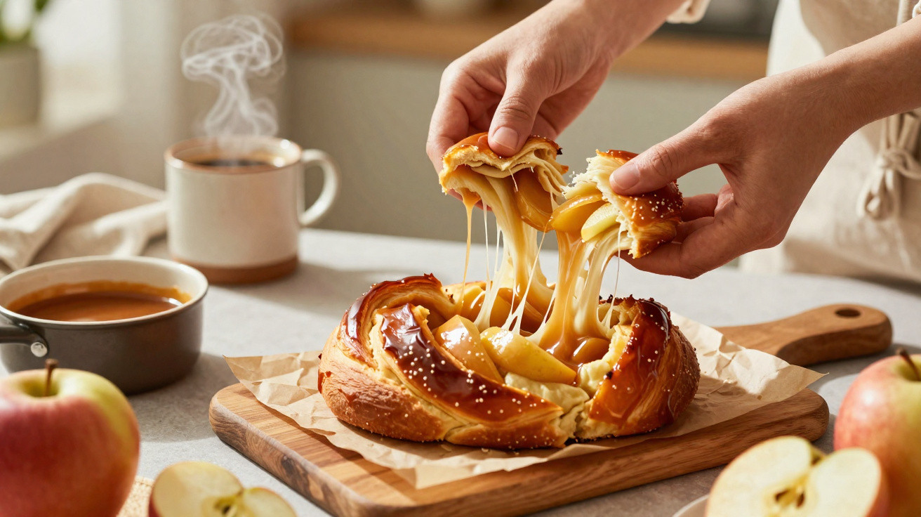 Pessoa a partir um pão doce com recheio de maçã e queijo derretido, numa cozinha iluminada.