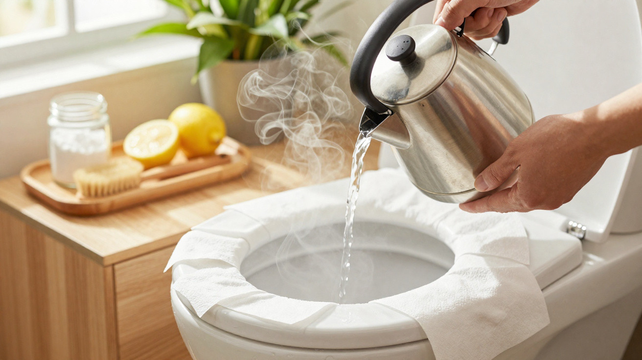Mãos a verter água quente fumegante de um bule num vaso sanitário coberto com papel.