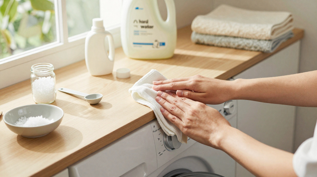 Mãos a limpar tampa de máquina de lavar roupa com pano branco num lavandaria com detergente e toalhas.