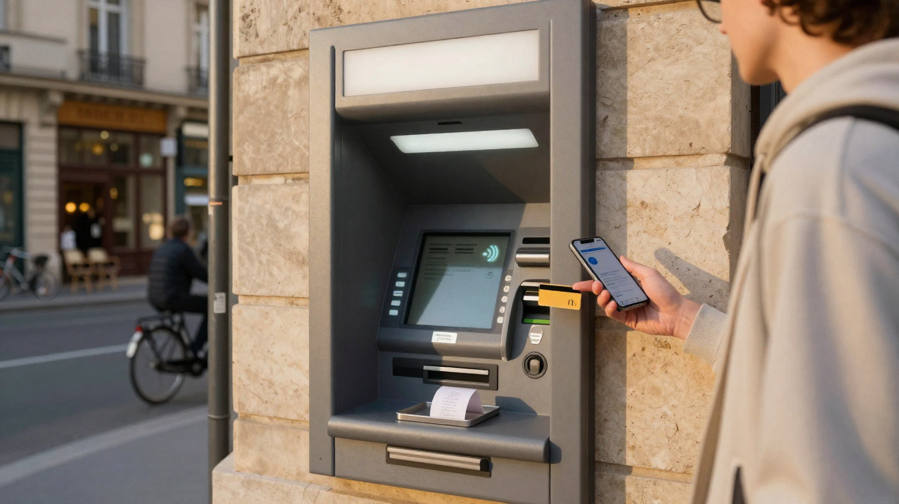 Homem usa telemóvel para pagar num Multibanco na parede de um prédio na rua.