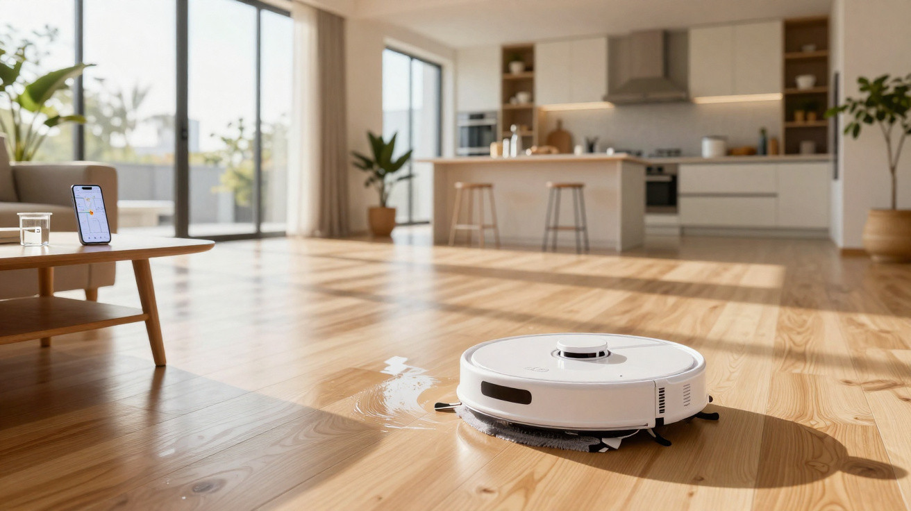 Robô aspirador a limpar piso de madeira numa sala moderna e luminosa com móveis claros e plantas.