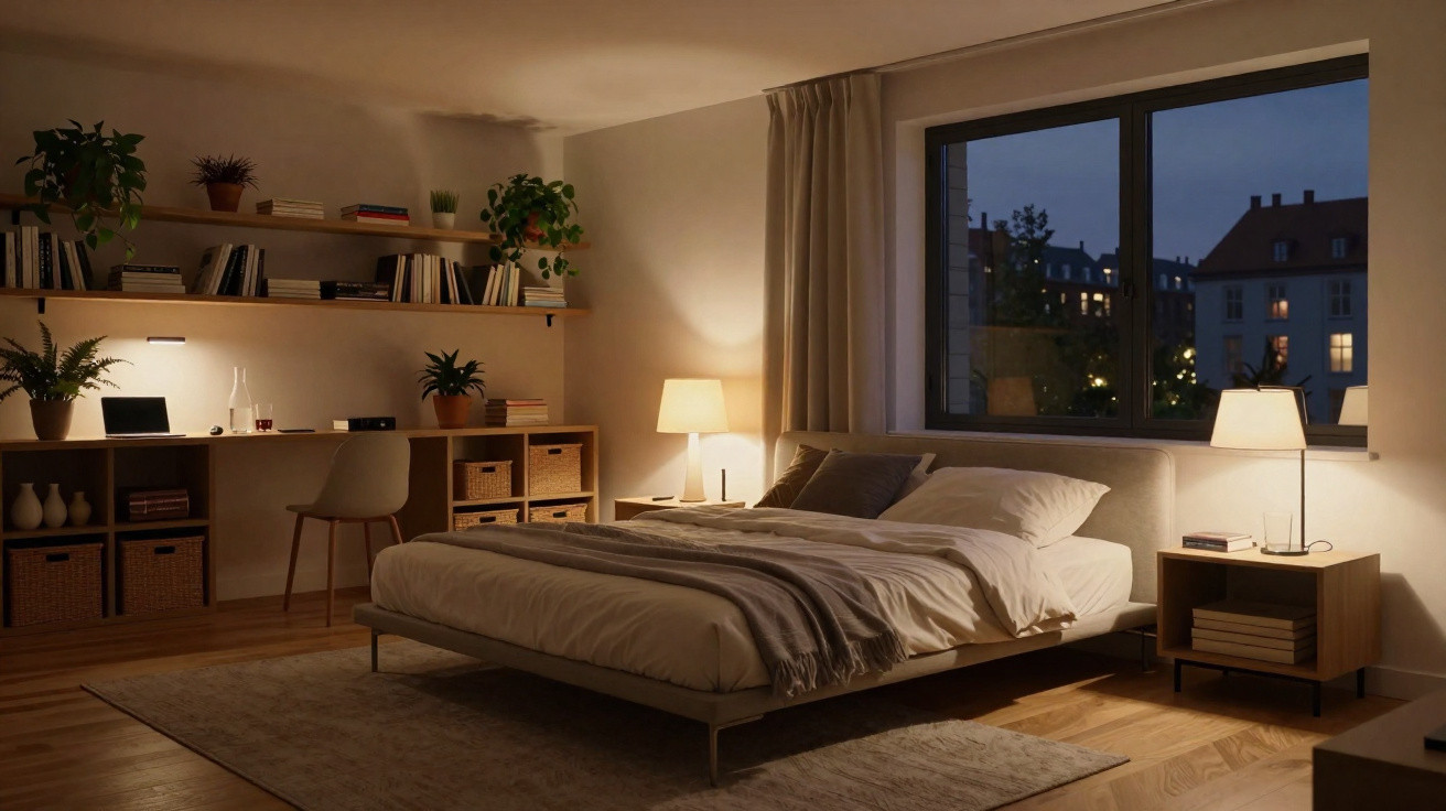 Quarto moderno iluminado à noite, com cama feita, secretária, estantes e janela para edifícios.