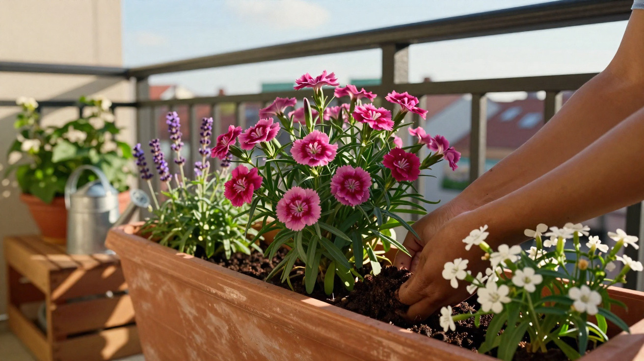 Mãos a cuidar de flores rosas e brancas num vaso de jardim numa varanda ensolarada.