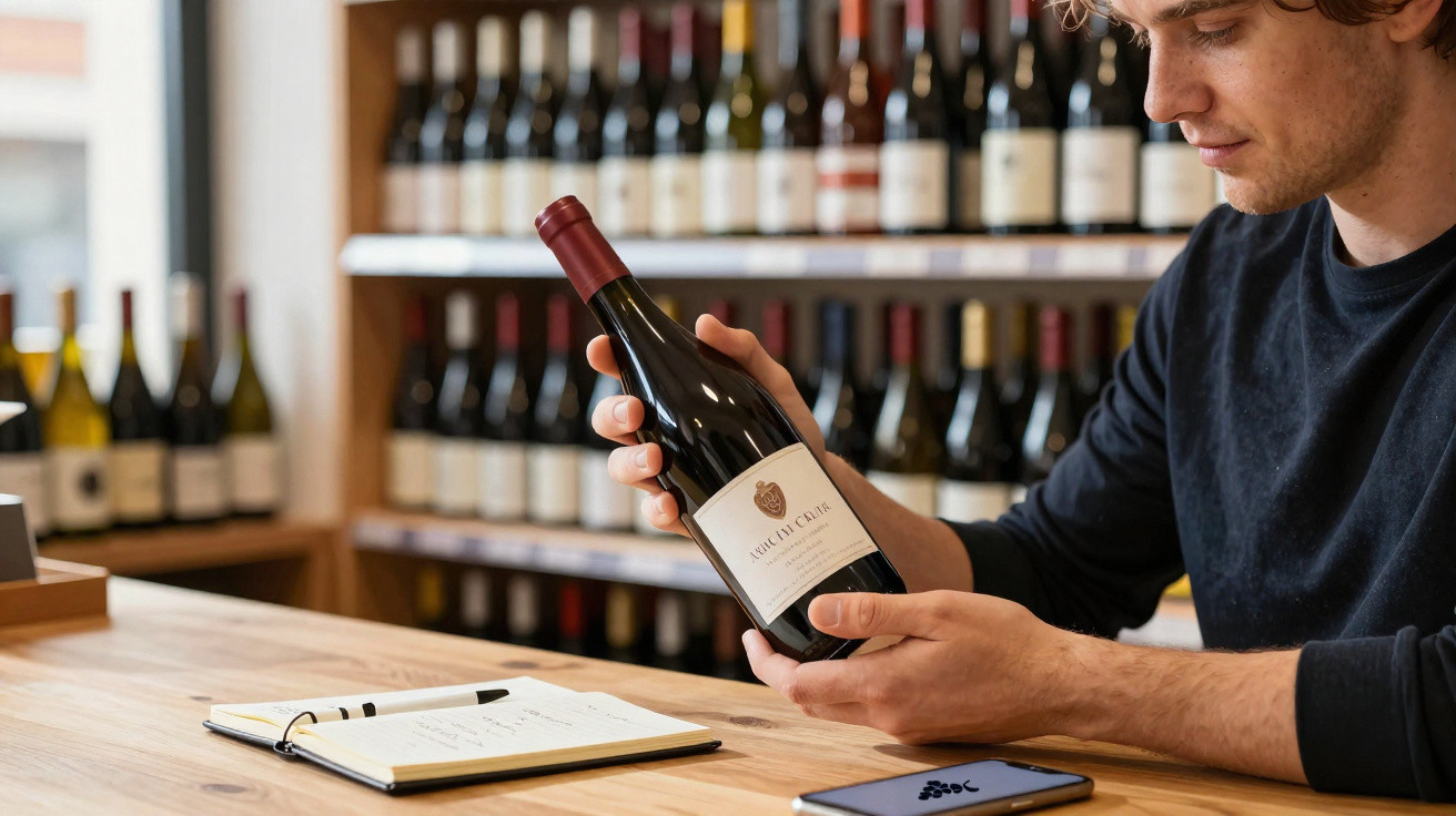 Homem a examinar uma garrafa de vinho numa loja, com prateleiras cheias ao fundo e caderno sobre a mesa.