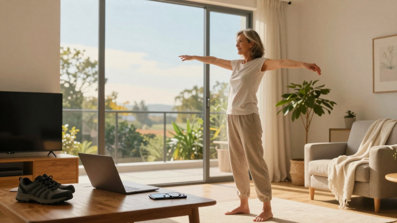 Mulher de meia-idade a fazer alongamentos em sala luminosa com laptop e sapatos numa mesa.