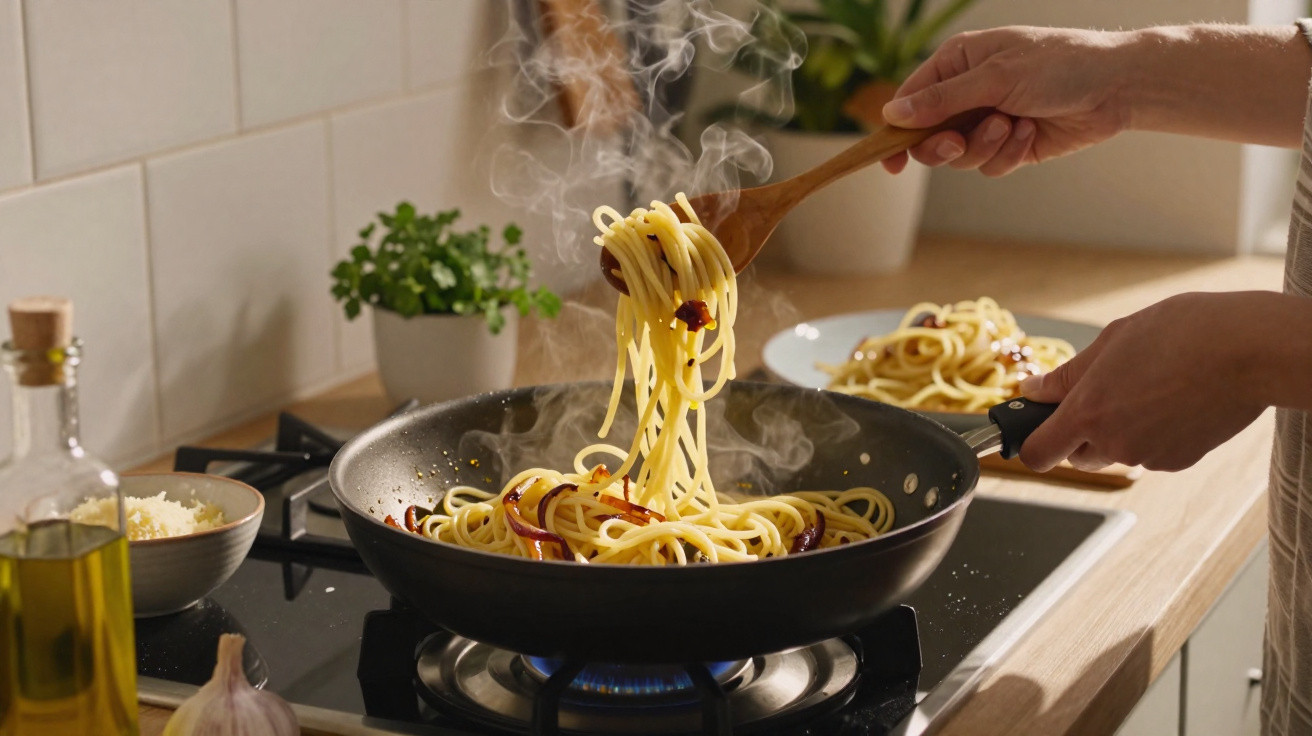Pessoa a cozinhar esparguete quente numa frigideira numa cozinha moderna com ingredientes à volta.