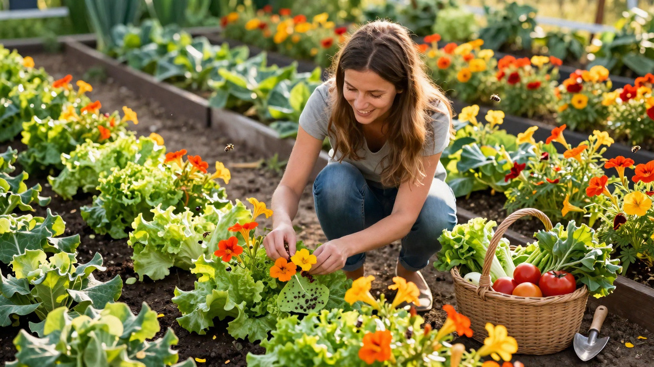 Mulher sorridente a cuidar de flores e alfaces numa horta, com cesto de legumes ao lado.