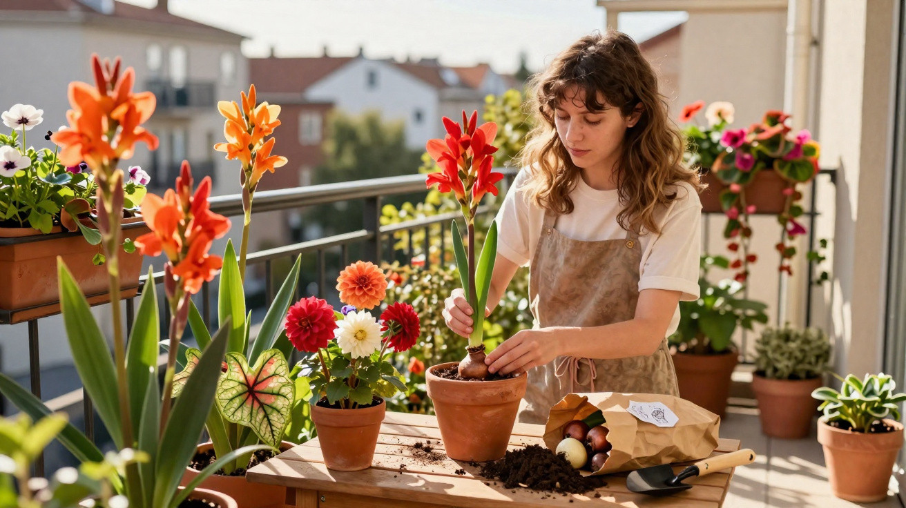 Mulher a plantar flores coloridas num vaso de cerâmica num terraço com várias plantas ao redor.