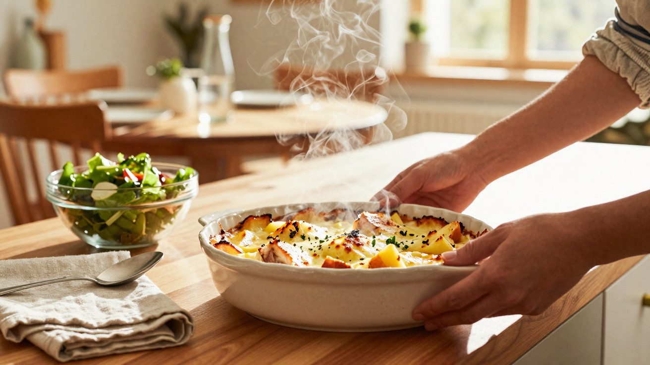 Prato fumegante de lasanha com batatas e salada fresca numa tigela de vidro sobre mesa de madeira.
