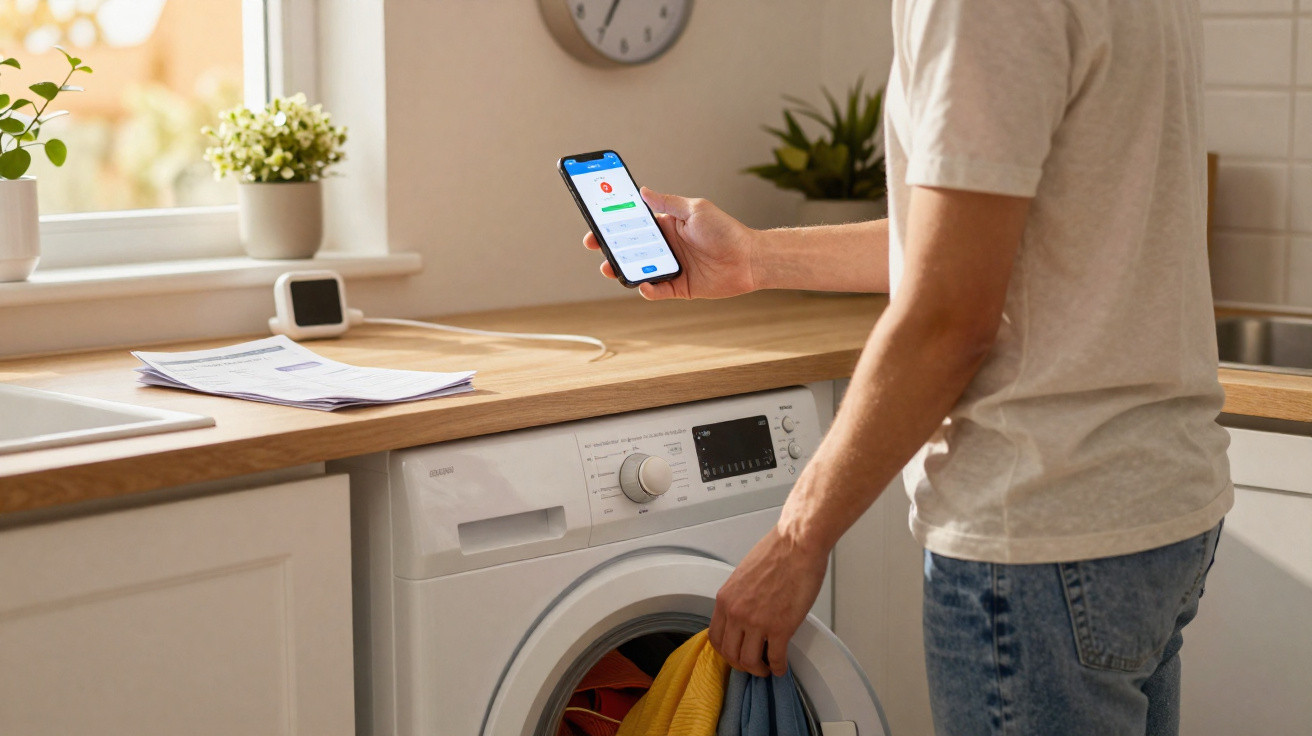 Pessoa a usar smartphone para controlar máquina de lavar roupa numa cozinha iluminada.