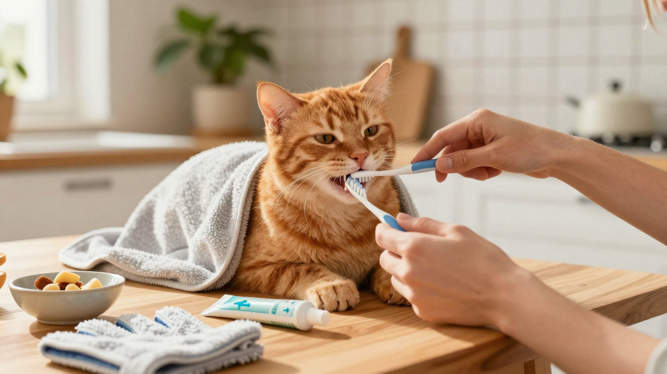 Gato laranja a ser escovado nos dentes com uma escova e pasta dentífrica numa cozinha.
