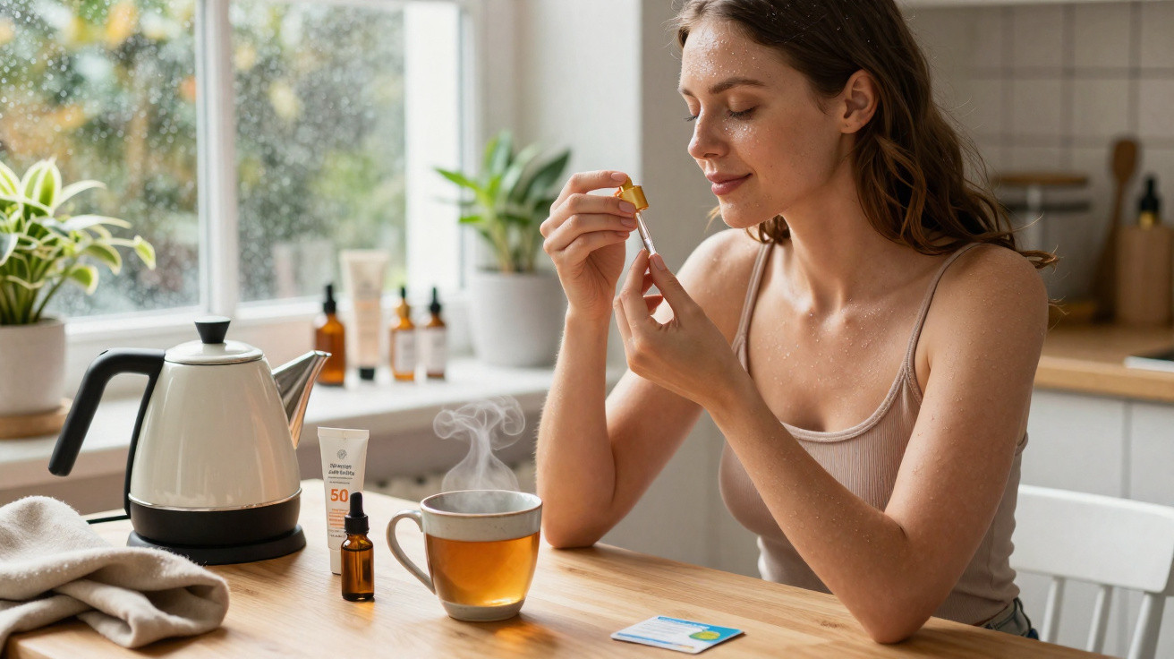 Mulher a aplicar óleo facial, sentada numa cozinha junto a chá quente numa mesa com produtos de beleza.