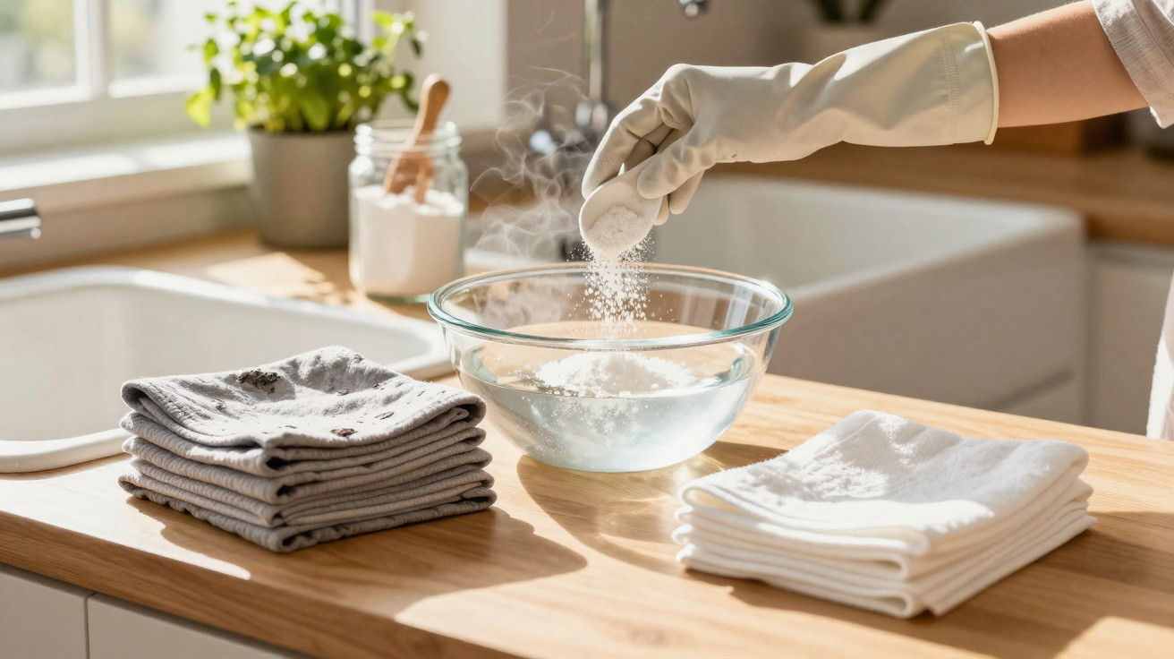 Mãos com luvas a colocar detergente em água numa bancada de cozinha com toalhas dobradas.
