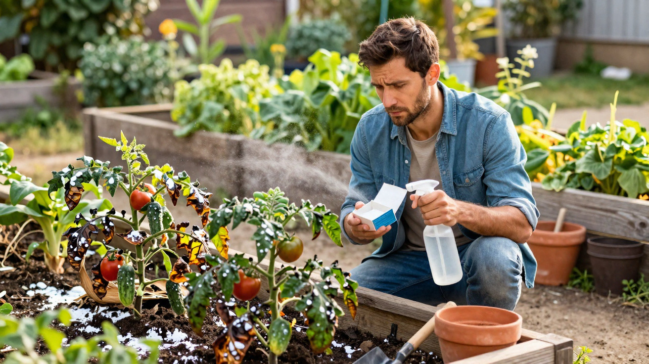 Homem a usar spray para tratar plantas de tomate com folhas doentes num jardim elevado.