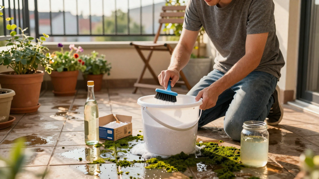 Pessoa a limpar alga verde do chão de um terraço com escova, balde e vários produtos de limpeza.