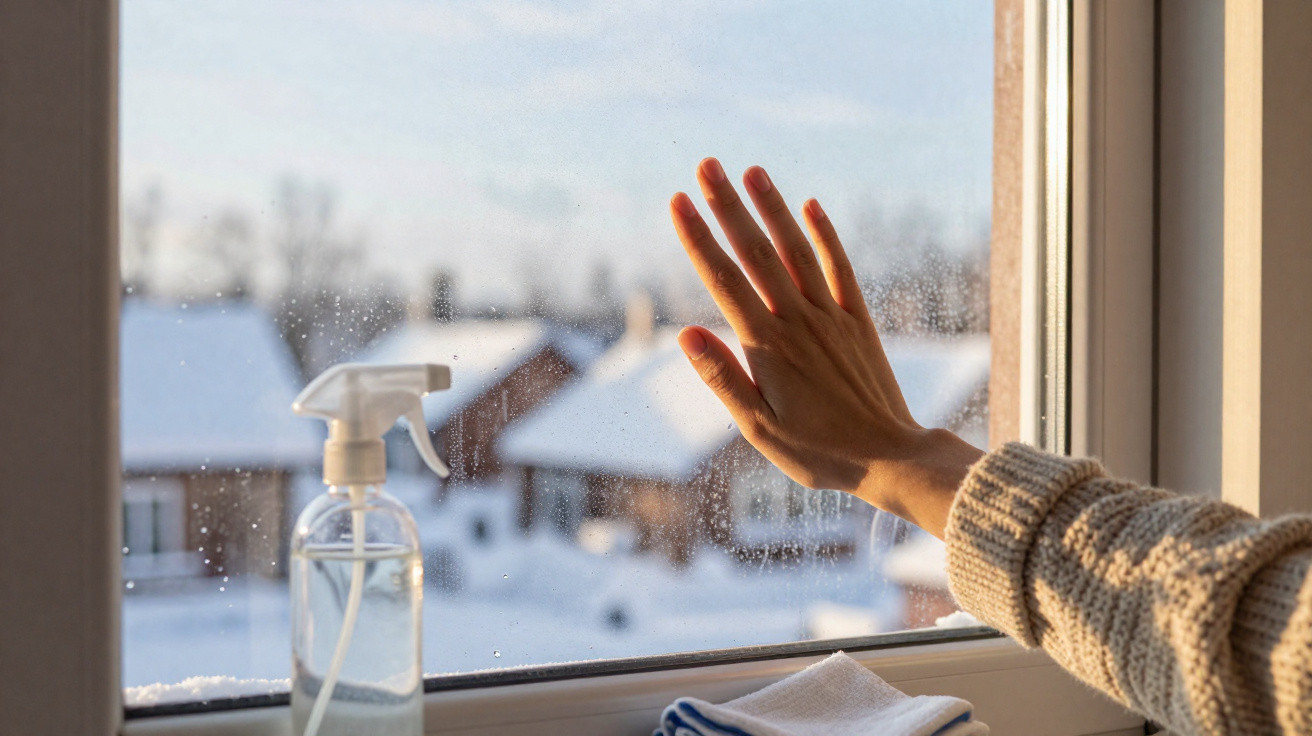 Mão com camisola junto a janela com gotas de água, spray e pano, com cenário de casas e neve no exterior.