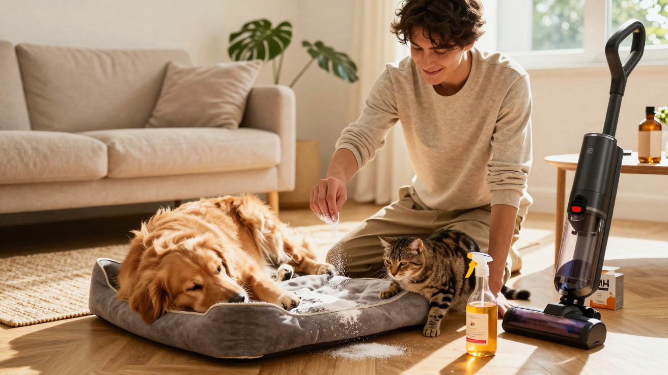 Pessoa a limpar cama de cão ao lado de gato, aspirador e produtos de limpeza numa sala luminosa.
