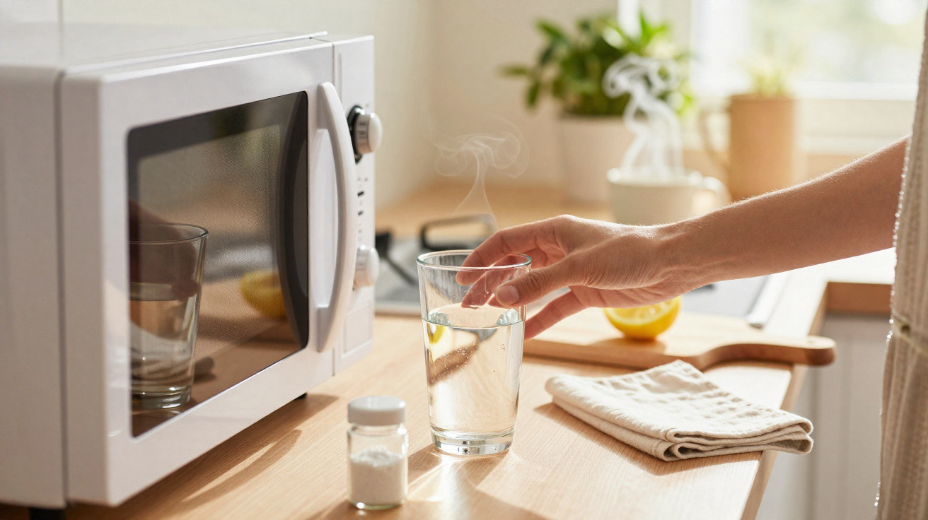 Pessoa a segurar copo com água quente em cozinha junto a micro-ondas, sal de cozinha e toalha dobrada na bancada.