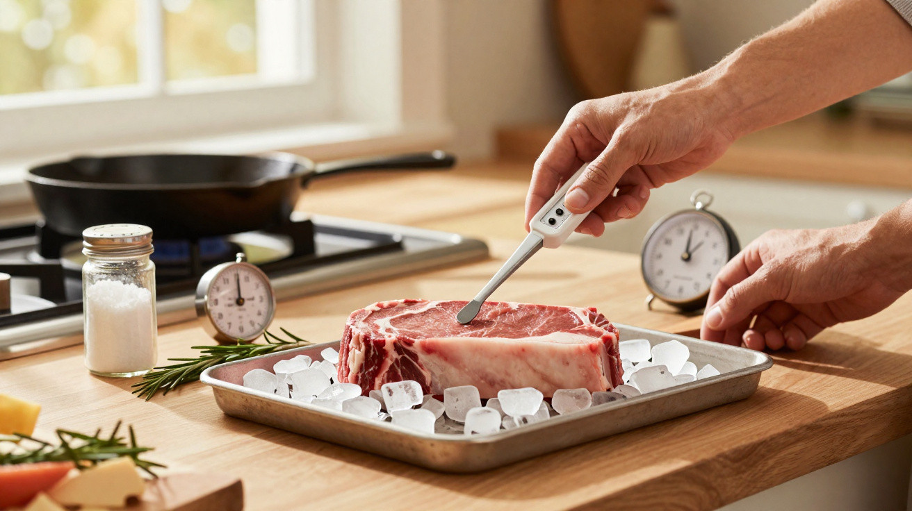 Pessoa a medir a temperatura de um bife cru em tabuleiro com gelo numa cozinha iluminada.