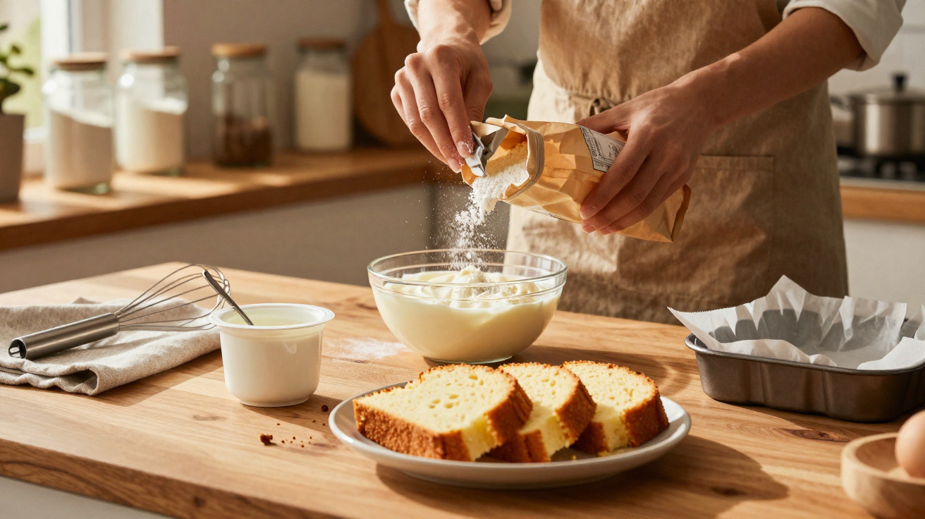 Pessoa a cozinhar, a adicionar farinha numa taça com massa, fatias de bolo num prato e utensílios na bancada.