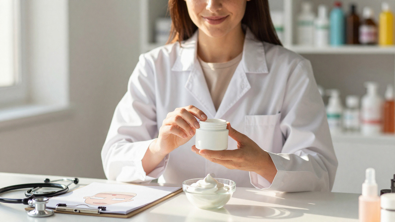 Mulher médica com bata branca segurando frasco de creme em gabinete com produtos de saúde ao fundo.