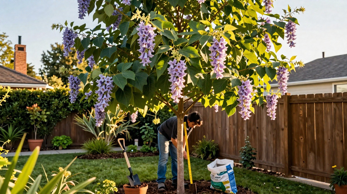 Pessoa a medir tronco de uma árvore florida com flores roxas num jardim residencial ensolarado.