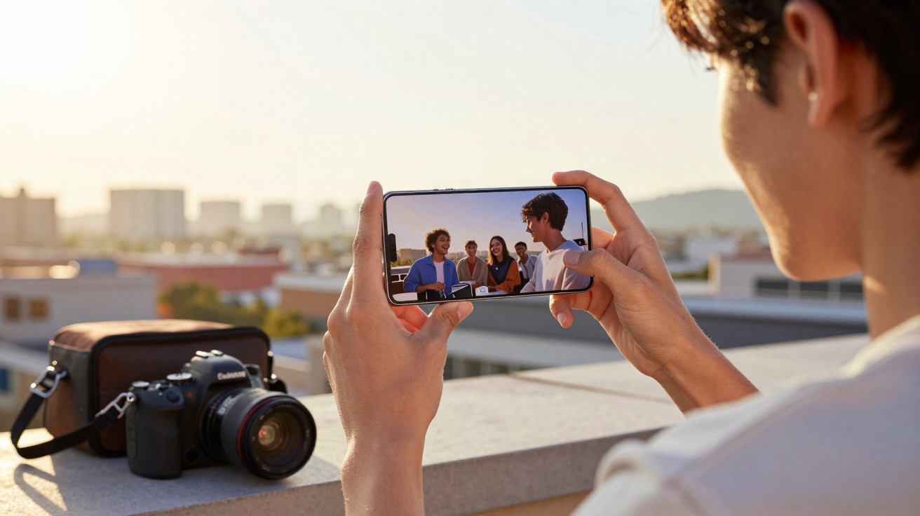 Pessoa a tirar fotografia de grupo com smartphone, com câmara fotográfica e bolsa ao lado, numa varanda.
