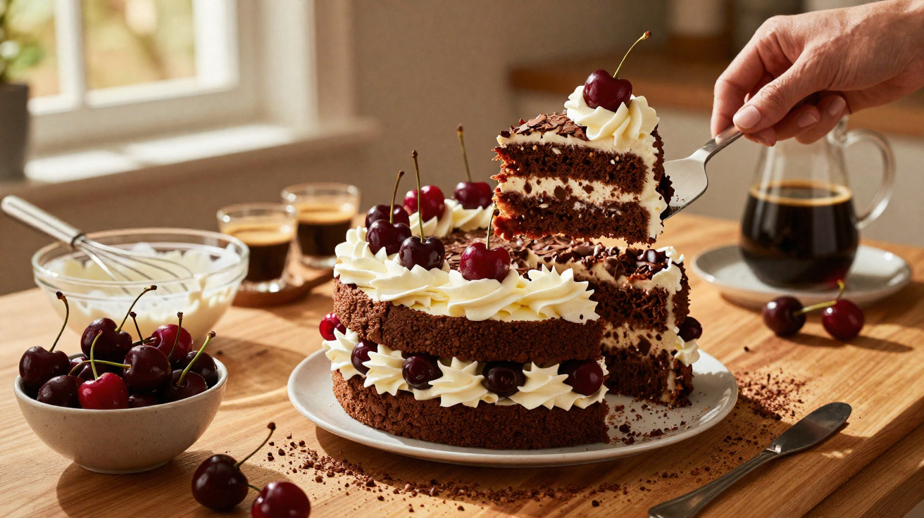 Bolo de chocolate com creme e cerejas frescas servido numa mesa de madeira com café.