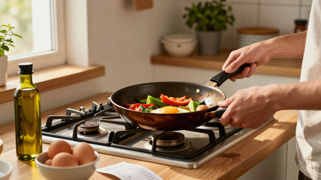 Pessoa a cozinhar legumes e ovo no fogão numa cozinha com luz natural e garrafa de azeite ao lado.