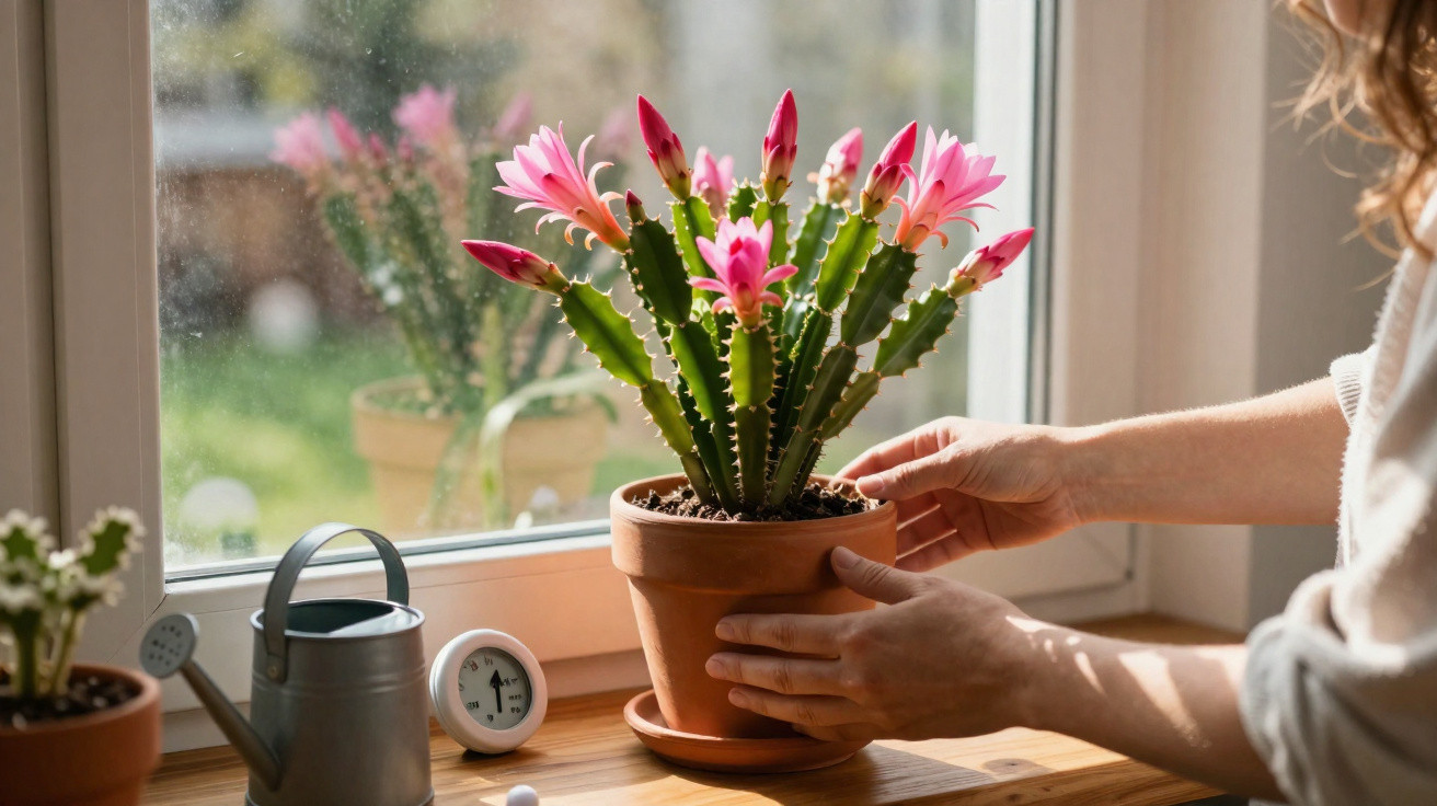 Pessoa a cuidar de cacto com flores cor de rosa num vaso junto a uma janela iluminada pela luz natural.