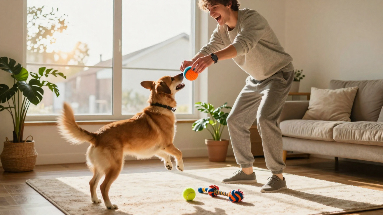 Homem a brincar com cão dentro de casa, segurando uma bola laranja e azul.