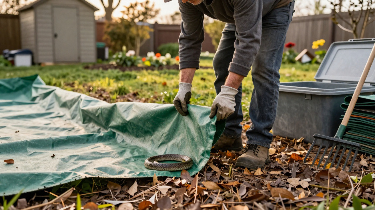 Pessoa com luvas a cobrir uma cobra com uma lona verde num jardim com folhas caídas no chão.