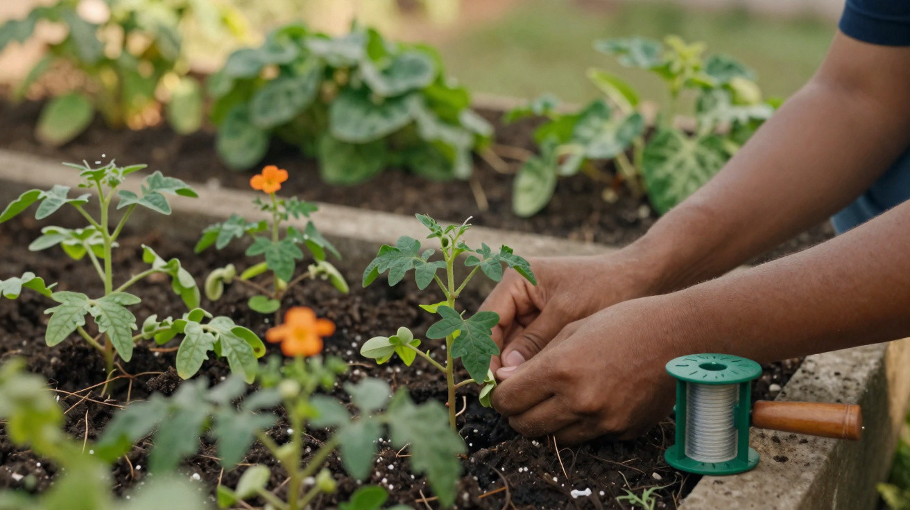 Mãos a plantar ou podar plantas jovens num canteiro de jardim com fio de suporte ao lado.