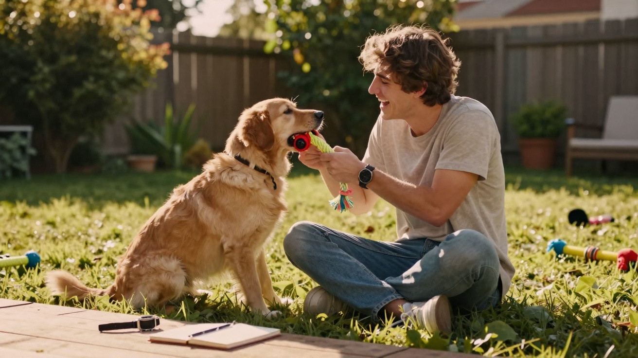 Jovem sentado na relva a brincar com um cão golden retriever, ambos alegres e num jardim ensolarado.