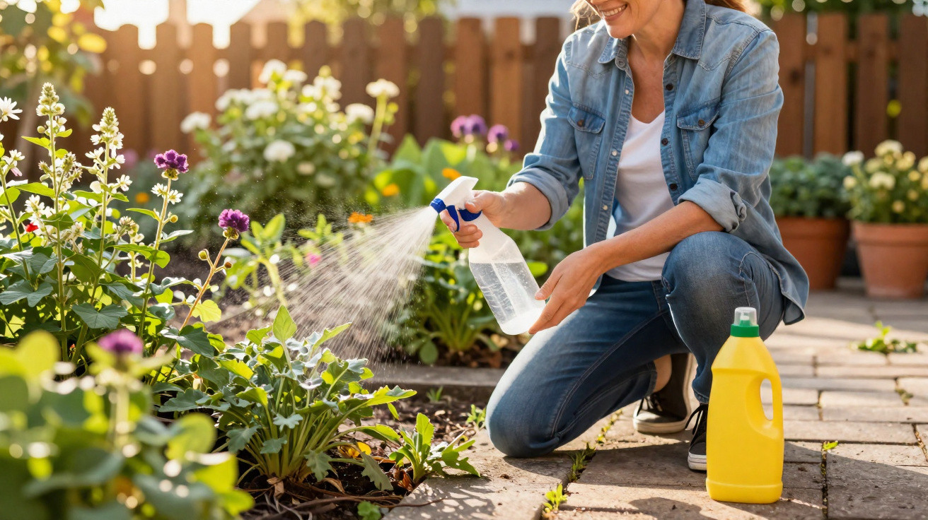 Mulher a sorrir enquanto rega plantas num jardim com pulverizador de água, ao sol.