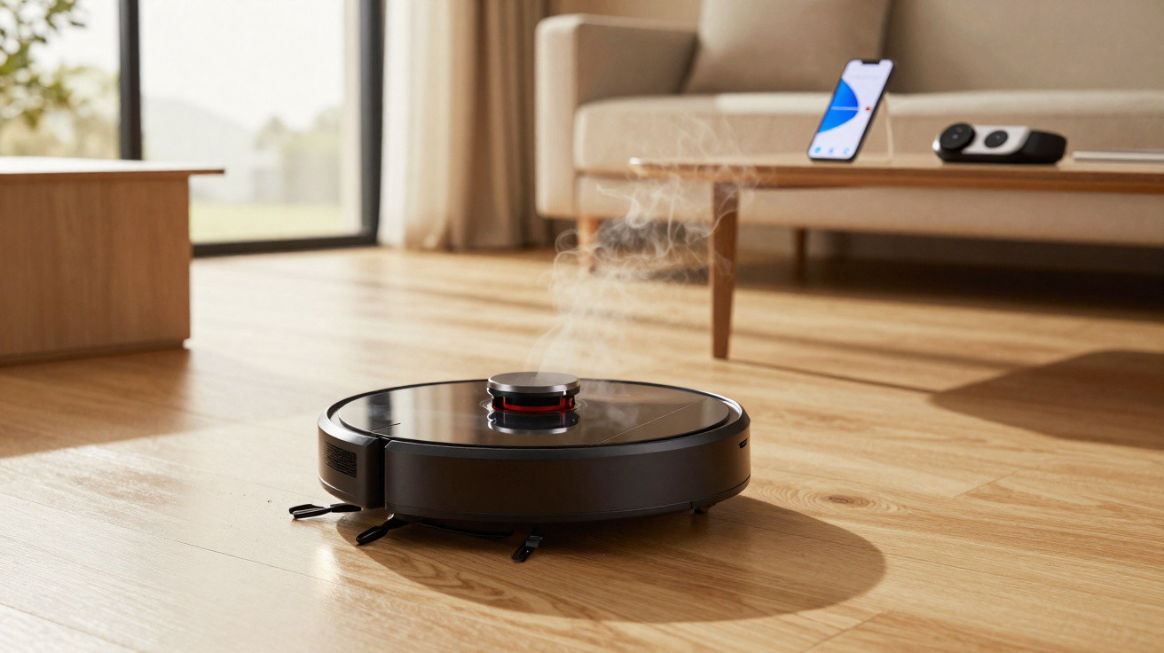 Robot aspirador a vapor a limpar chão de madeira numa sala com sofá e mesa de madeira.