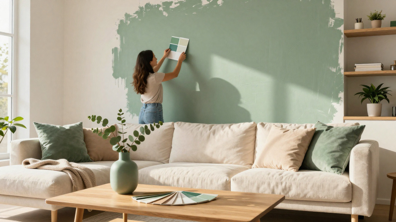 Mulher a escolher cor de tinta verde para pintar a parede de uma sala moderna e luminosa.