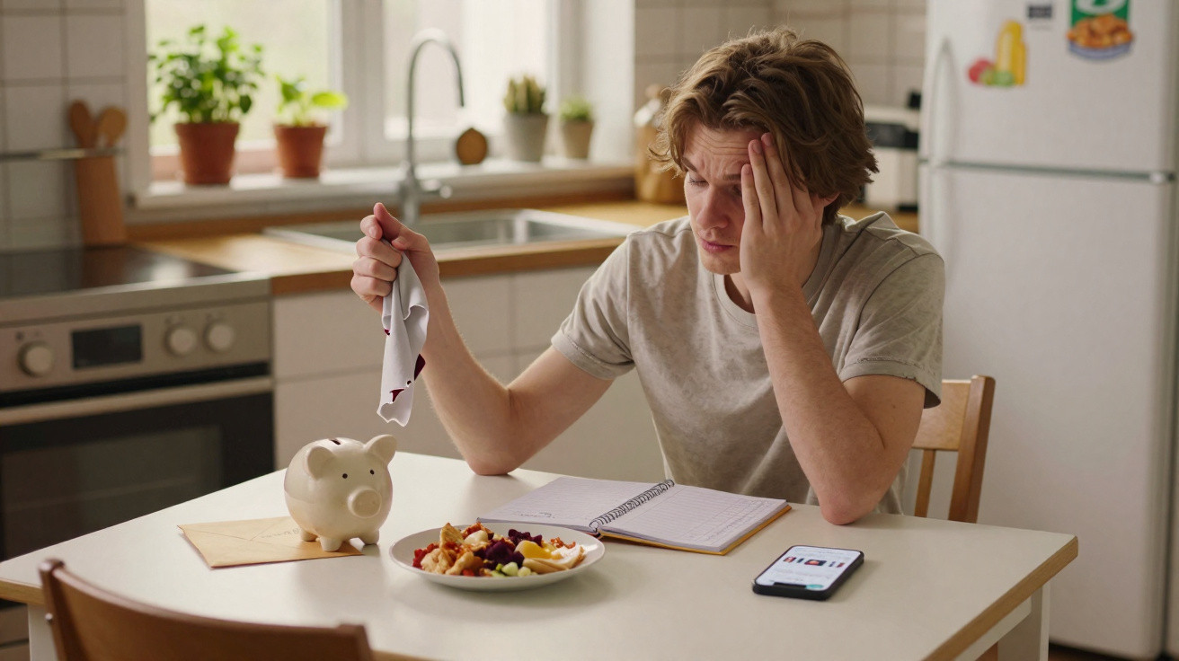 Homem preocupado sentado à mesa com mealheiro, prato de comida, caderno e telemóvel numa cozinha moderna.
