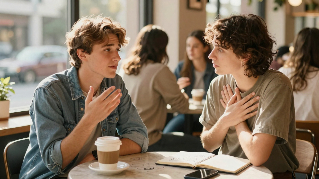 Dois jovens a conversar animadamente numa esplanada, com caderno aberto e café na mesa.