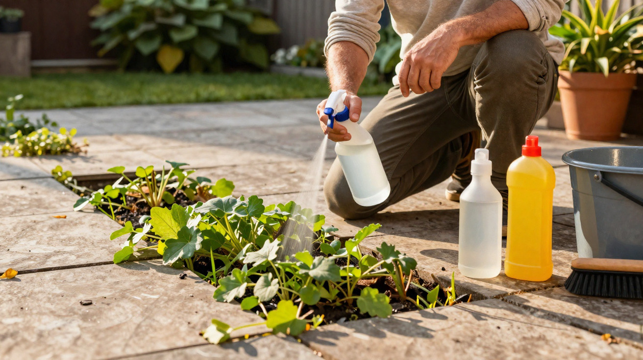 Pessoa a pulverizar plantas num jardim com pedras, ao lado de garrafas e um balde.
