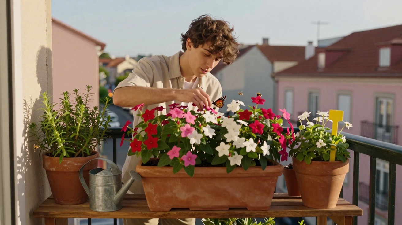 Jovem a cuidar de flores coloridas num vaso numa varanda iluminada pelo sol da tarde.